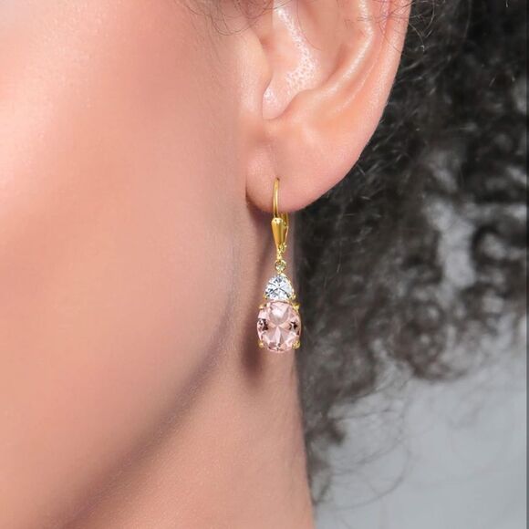 18K Yellow Gold with 5.58Cttw Peach Morganite and White Moissanite Drop Earrings - Picture 3 of 4